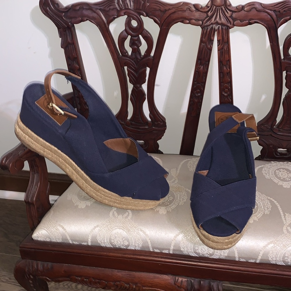 Tory Burch (Navy Espadrille Wedge Sandals - Picture 8 of 8